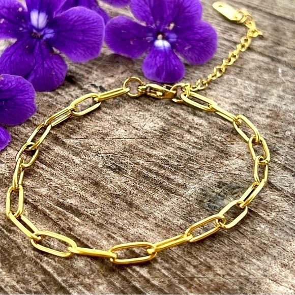 18K Gold plated Paper Clip Chain Bracelet Link Stainless steel womens jewelry - Picture 2 of 7